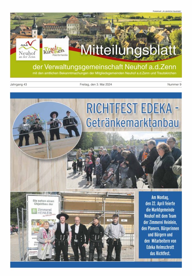 Mitteilungsblatt der Verwaltungsgemeinschaft Neuhof an der Zenn mit den amtlichen Bekanntmachungen der Mitgliedsgemeinden Neuhof an der Zenn und Trautskirchen Titelblatt 09/2024