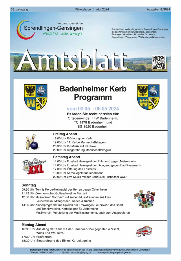 Amtsblatt VG Sprendlingen-Gensingen Titelblatt 18/2024