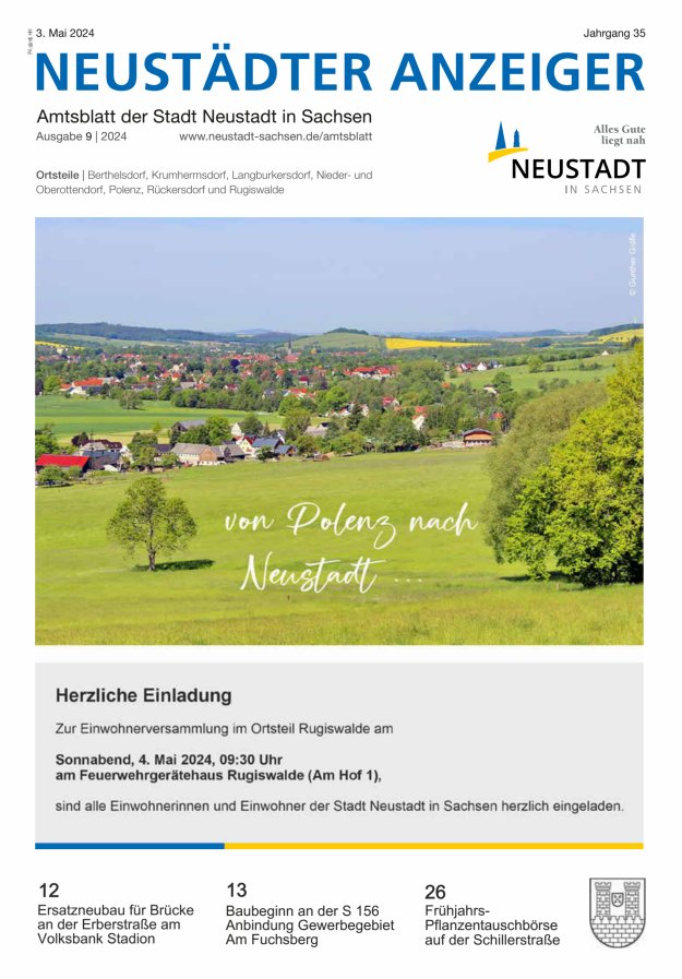Neustädter Anzeiger - Amts- und Heimatblatt der Stadt Neustadt in Sachsen Titelblatt 09/2024