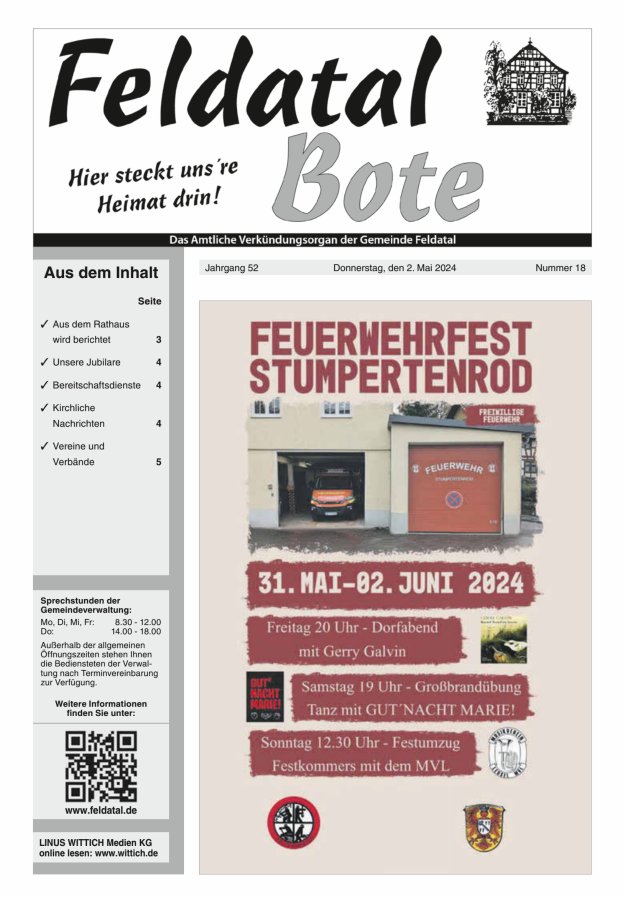 Das Amtliche Verkündungsorgan der Gemeinde Feldatal Titelblatt 18/2024