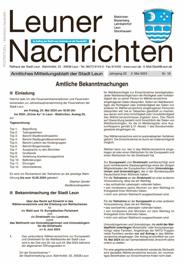 Leuner Nachrichten Titelblatt 18/2024