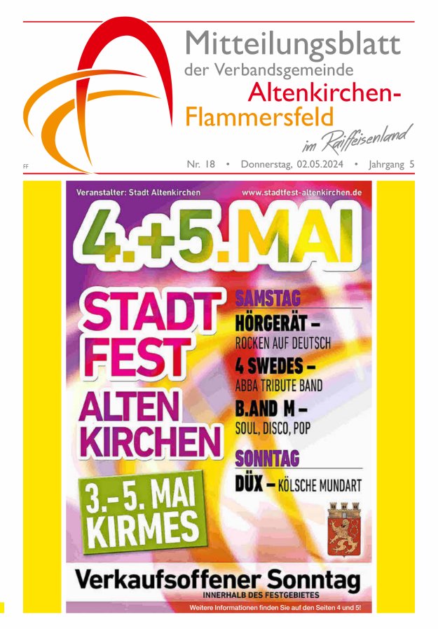 Mitteilungsblatt Verbandsgemeinde Altenkirchen-Flammersfeld Ausg Flammersfeld Titelblatt 18/2024