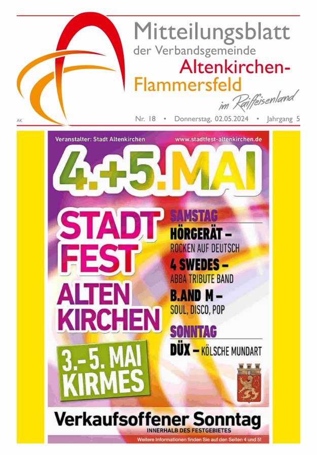 Mitteilungsblatt Verbandsgemeinde Altenkirchen-Flammersfeld Titelblatt 18/2024