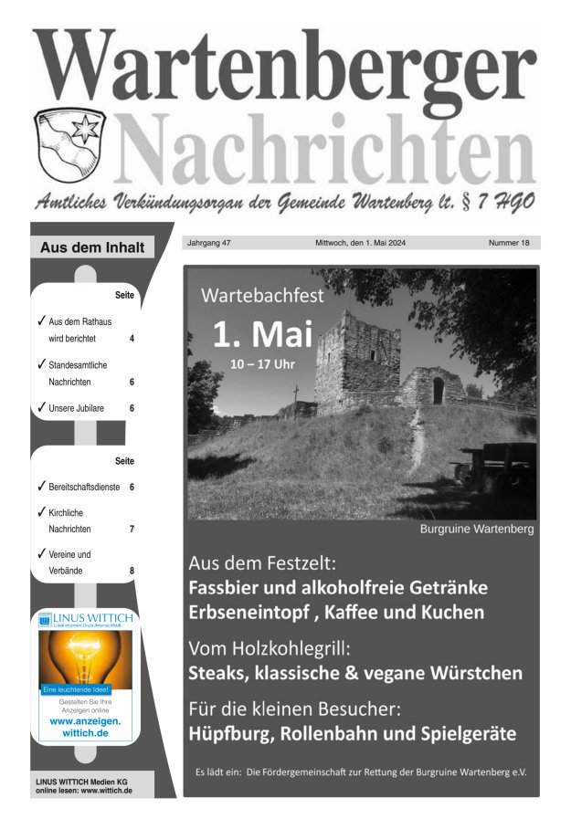Wartenberger Nachrichten Titelblatt 18/2024