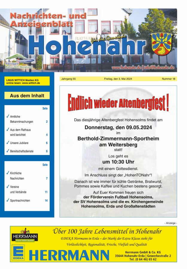 Nachrichten- und Anzeigenblatt für die Gemeinde Hohenahr Titelblatt 18/2024