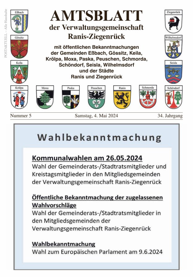 Amtsblatt der Verwaltungsgemeinschaft Ranis-Ziegenrück Titelblatt 05/2024