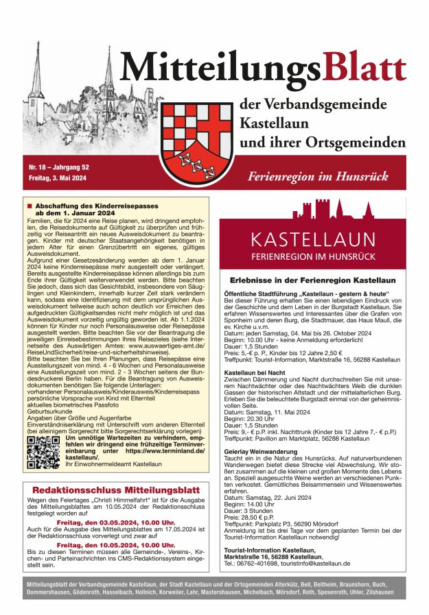 Mitteilungsblatt Kastellaun Titelblatt 18/2024