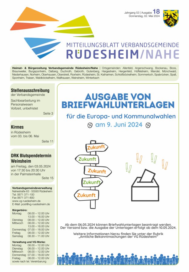 Mitteilungsblatt Verbandsgemeinde Rüdesheim und zugehörige Ortsgemeinden Titelblatt 18/2024