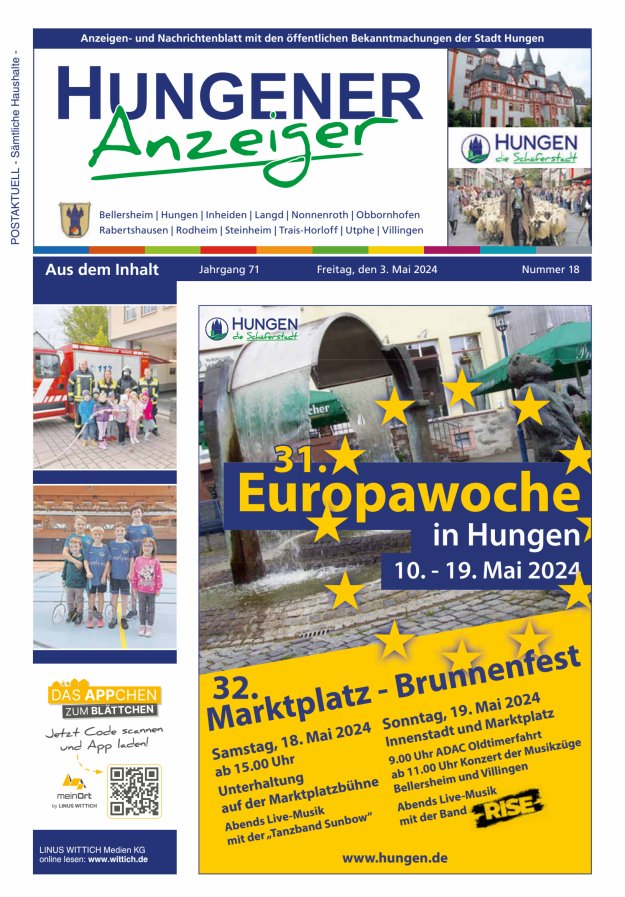 Anzeigen- und Nachrichtenblatt mit den öff  Bekanntmachungen der Stadt Hungen Titelblatt 18/2024
