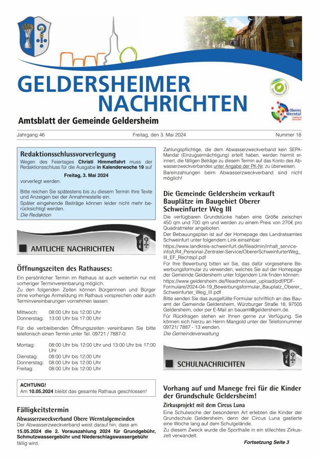 Geldersheimer Nachrichten Amtsblatt der Gemeinde Geldersheim Titelblatt 18/2024