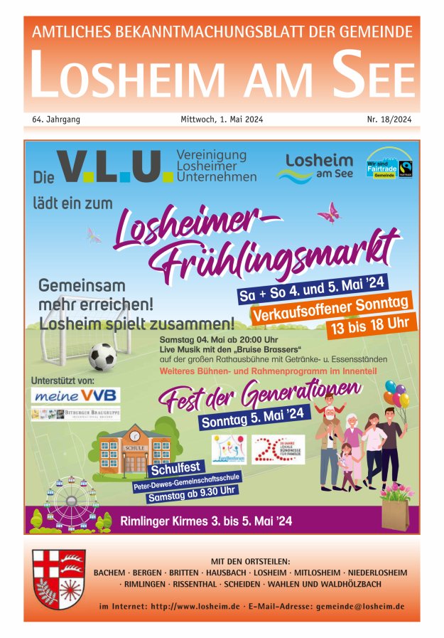 Amtliches Bekanntmachungsblatt der Gemeinde Losheim am See Titelblatt 18/2024