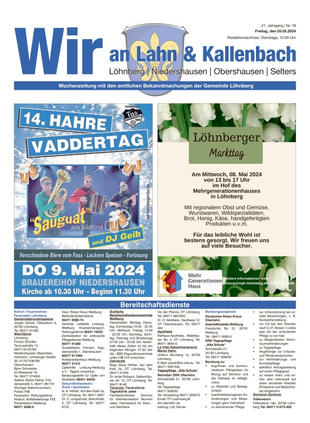 Amtliches Mitteilungsblatt der Gemeinde Löhnberg Titelblatt 18/2024