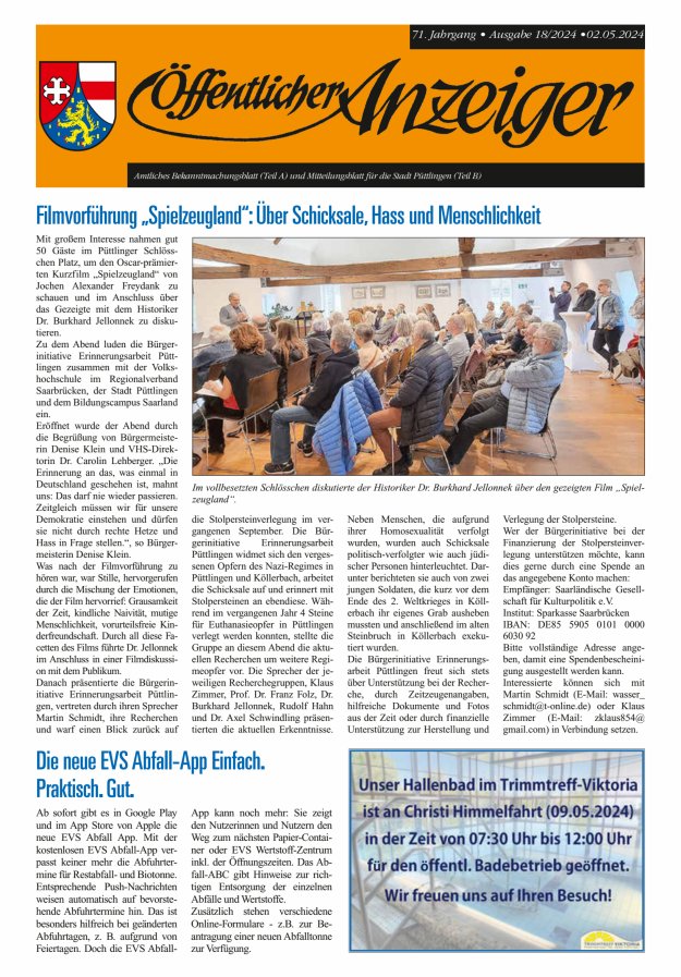 Öffentlicher Anzeiger - Stadt Püttlingen Titelblatt 18/2024