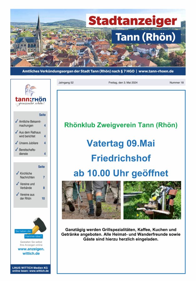 Stadtanzeiger Tann (Rhön) Titelblatt 18/2024