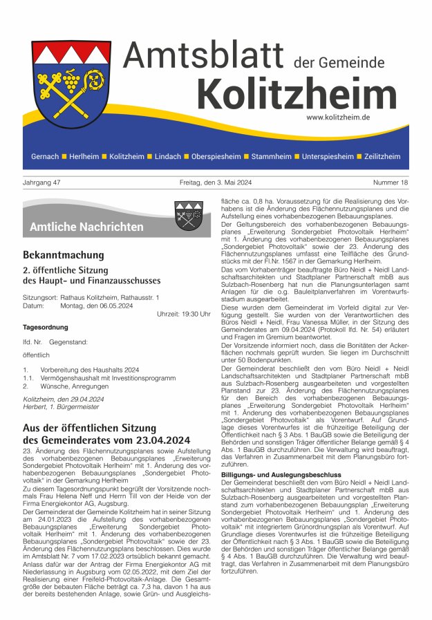 Amtsblatt der Gemeinde Kolitzheim Titelblatt 18/2024