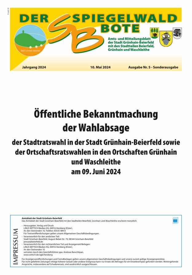 Der Spiegelwaldbote - Amts- und Mitteilungsblatt der Gemeinde Grünhain-Beierfeld  Titelblatt 05/2024