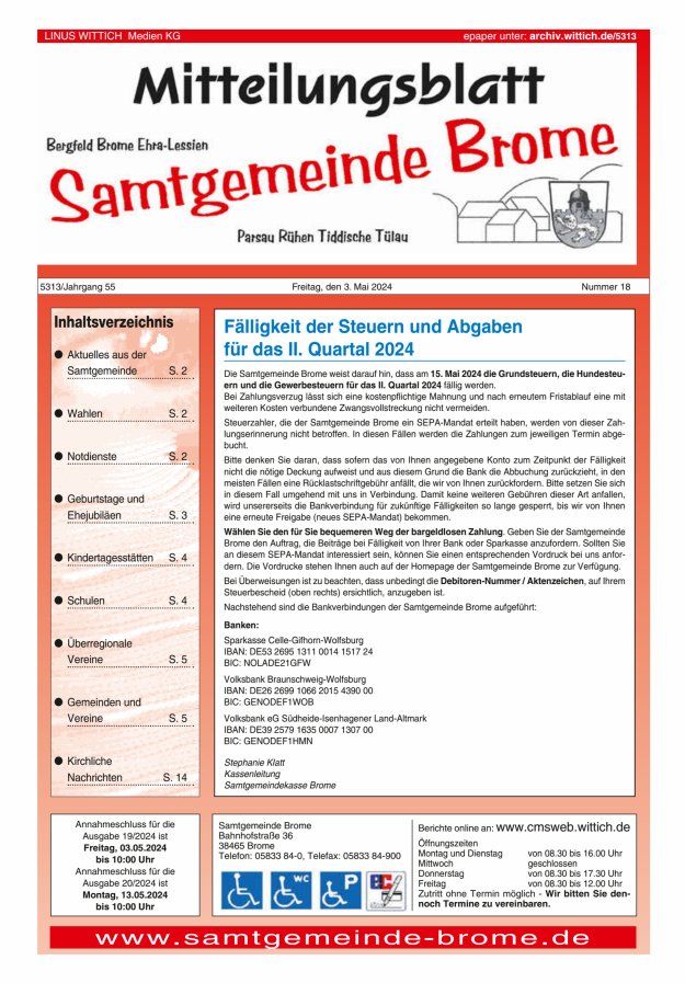 Mitteilungsblatt der Samtgemeinde Brome Titelblatt 18/2024