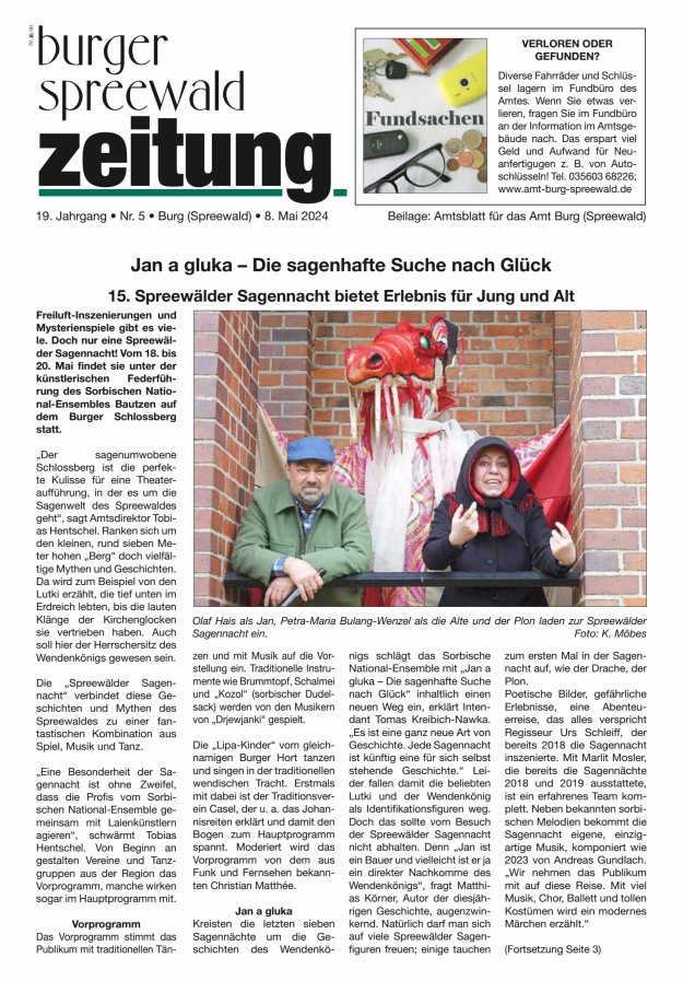 Burger Spreewald Zeitung - Amtsblatt für das Amt Burg (Spreewald) Titelblatt 06/2024