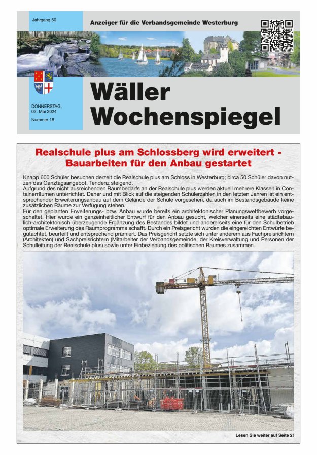 Wäller Wochenspiegel - Anzeiger für die Verbandsgemeinde Westerburg Titelblatt 18/2024