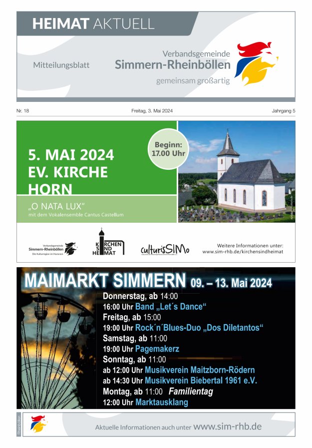 Heimat Aktuell Mitteilungsblatt der VG Simmern-Rheinböllen-Ausg Rheinböllen Titelblatt 18/2024