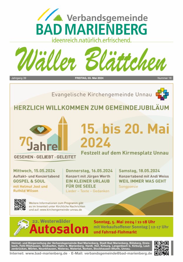 Wäller Blättchen - Verbandsgemeinde Bad Marienberg Titelblatt 18/2024