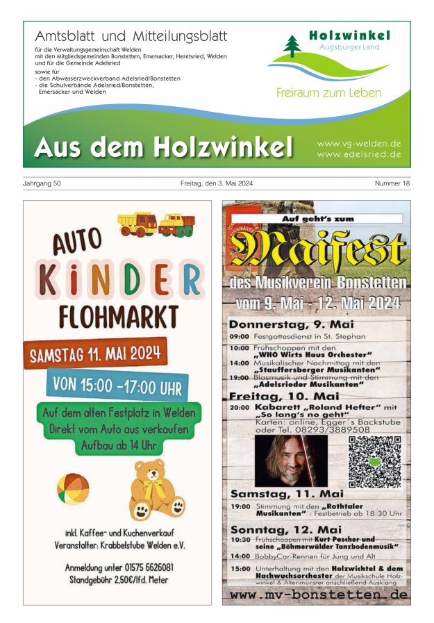 Aus dem Holzwinkel Amtsblatt u Mitteilungsblatt f VG Welden u GemAdelsried Titelblatt 18/2024