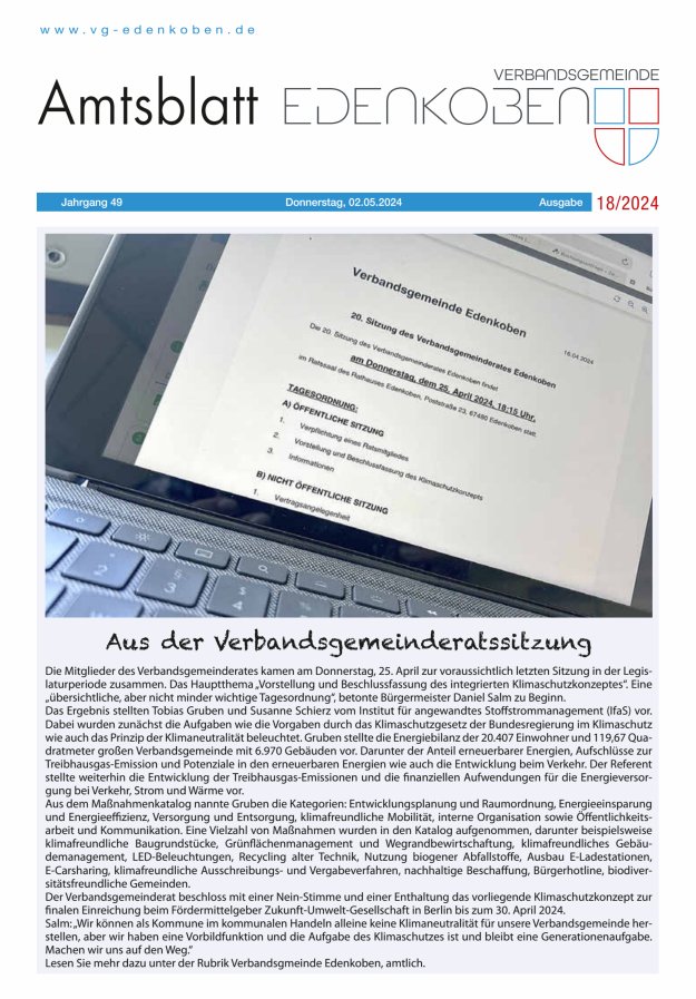 Amtsblatt VG Edenkoben Titelblatt 18/2024