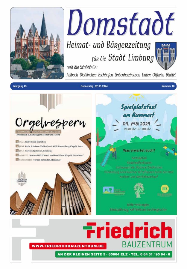 Domstadt - Heimat- und Bürgerzeitung für die Stadt Limburg Titelblatt 18/2024