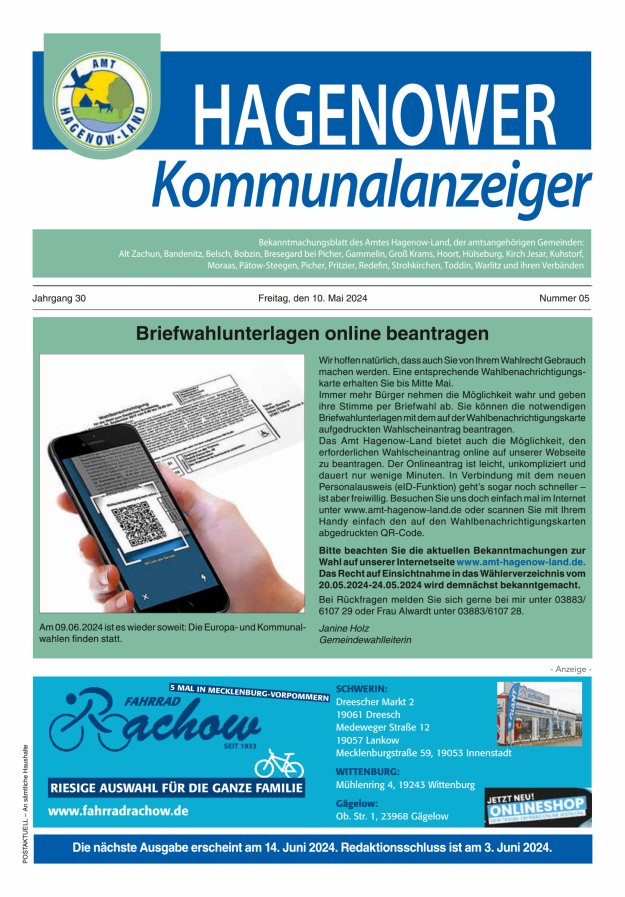 Hagenower Kommunalanzeiger Titelblatt 05/2024
