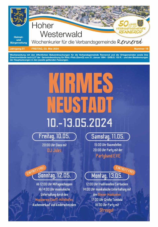 Hoher Westerwald - Wochenkurier für die Verbandsgemeinde Rennerod Titelblatt 18/2024