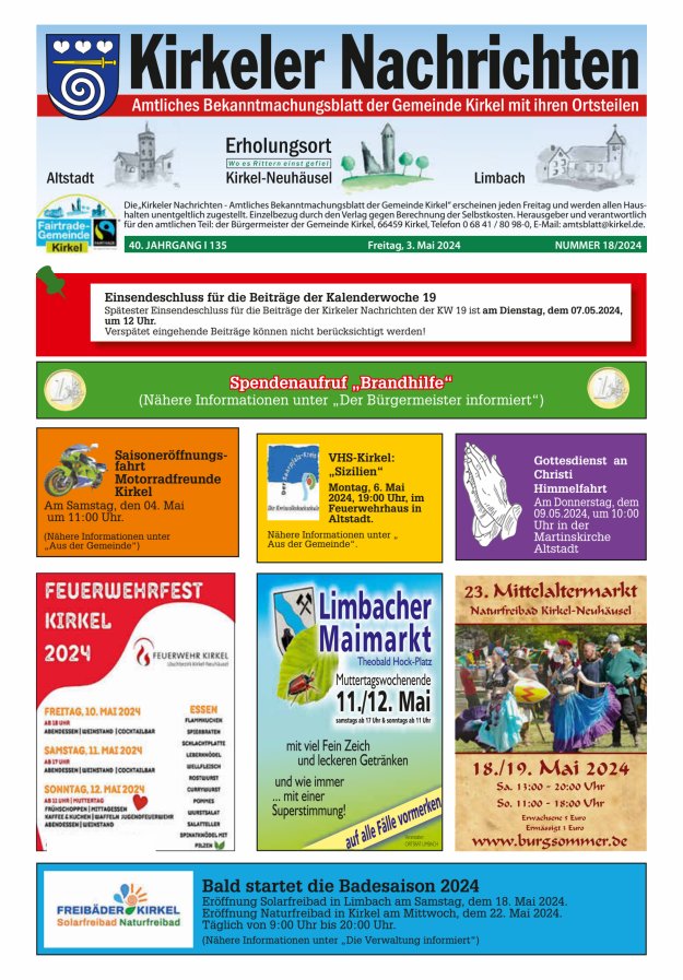 Kirkeler Nachrichten Titelblatt 18/2024