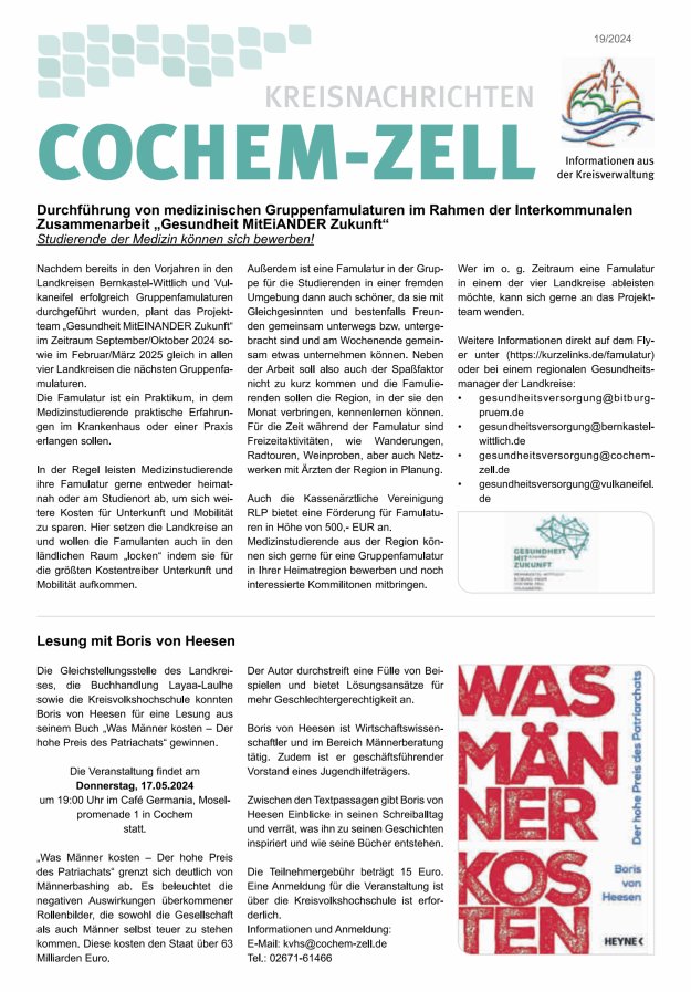 Kreisnachrichten Cochem-Zell Titelblatt 19/2024