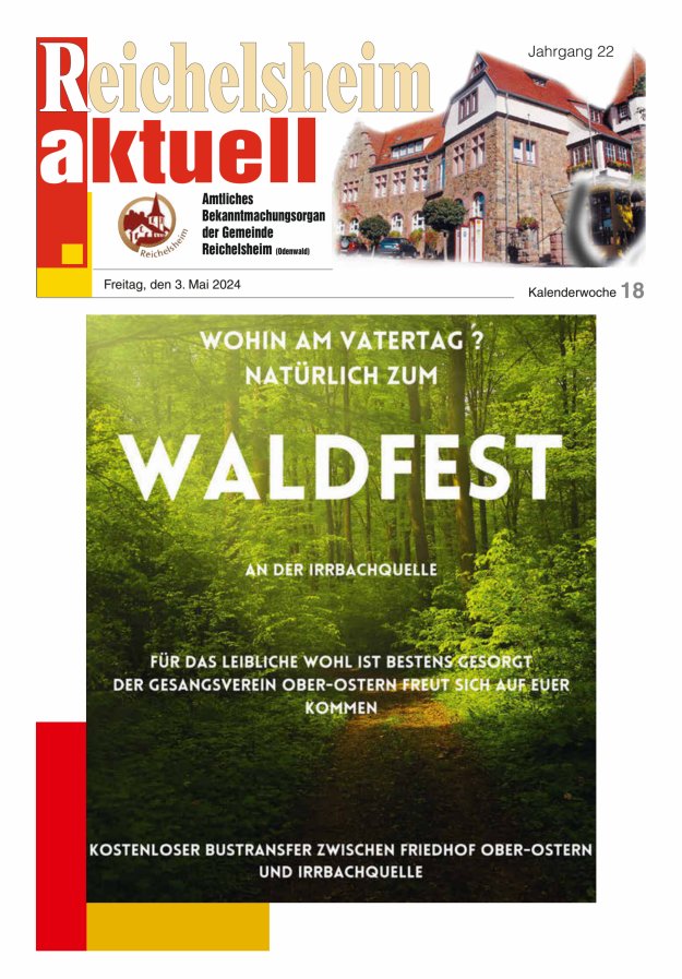 Reichelsheim aktuell - Amtsblatt der Gemeinde Reichelsheim(Odenwald) Titelblatt 18/2024