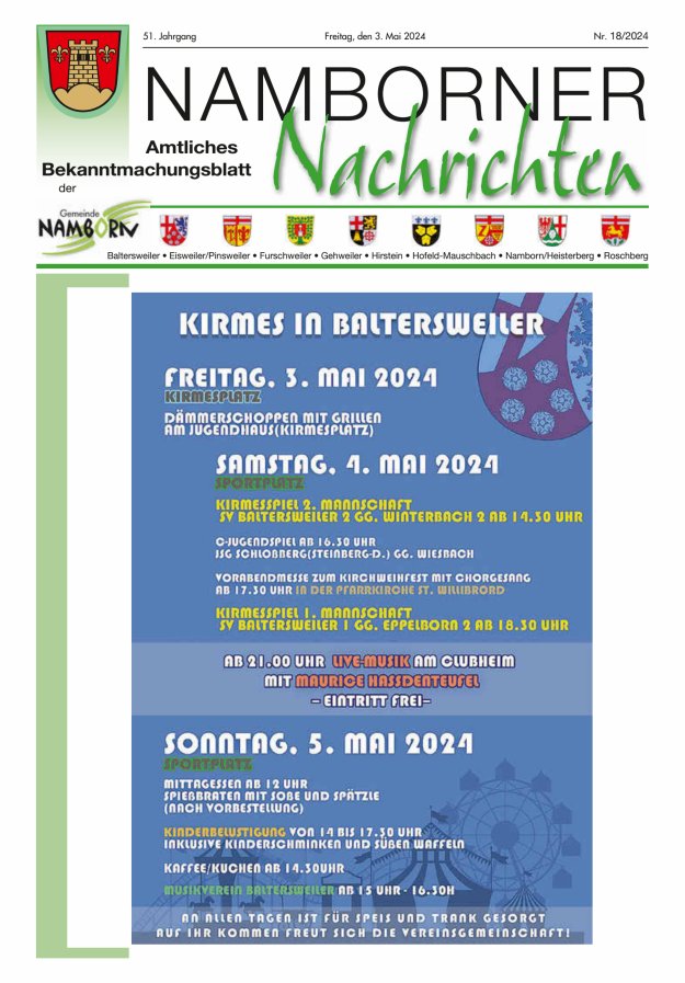 Namborner Nachrichten Titelblatt 18/2024