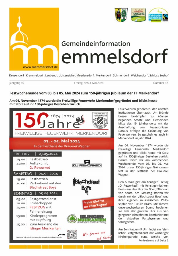 Mitteilungsblatt der Gemeinde Memmelsdorf Titelblatt 18/2024