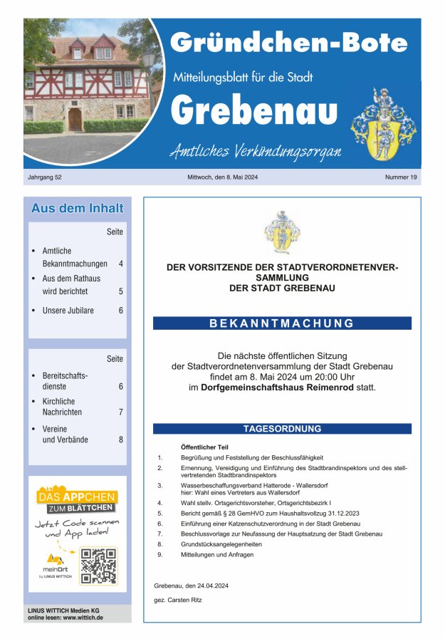 Grebenau - Gründchen Bote - Mitteilungsblatt für die Stadt Grebenau Titelblatt 19/2024
