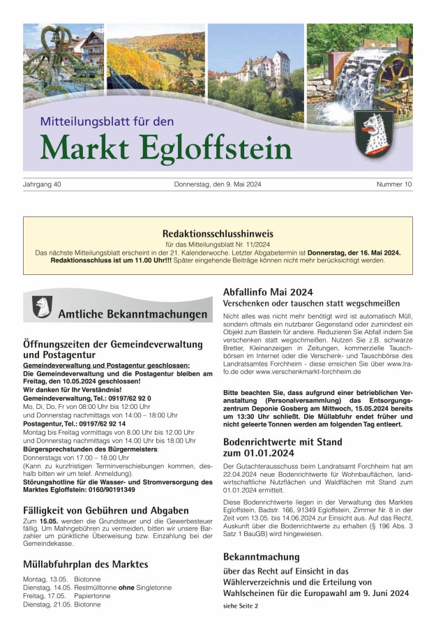 Mitteilungsblatt für den Markt Egloffstein Titelblatt 10/2024