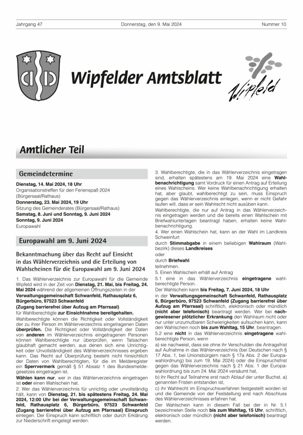 Wipfelder Amtsblatt Titelblatt 10/2024