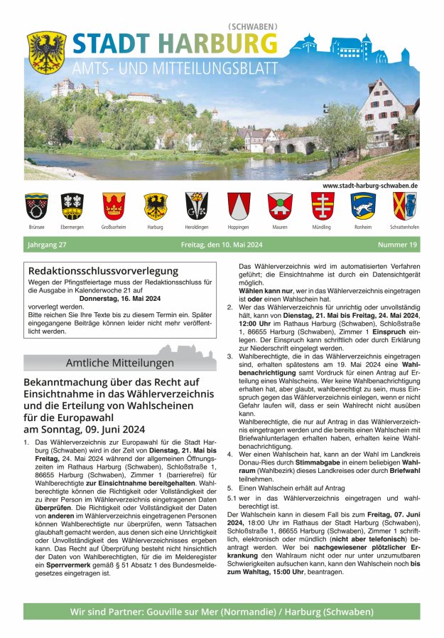 Amts- und Mitteilungsblatt der Stadt Harburg Titelblatt 19/2024