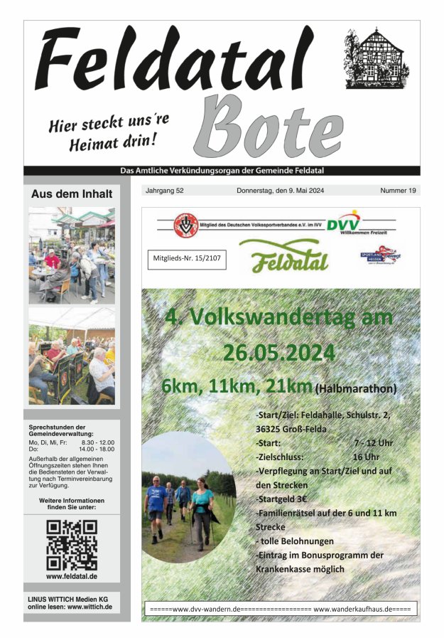 Das Amtliche Verkündungsorgan der Gemeinde Feldatal Titelblatt 19/2024