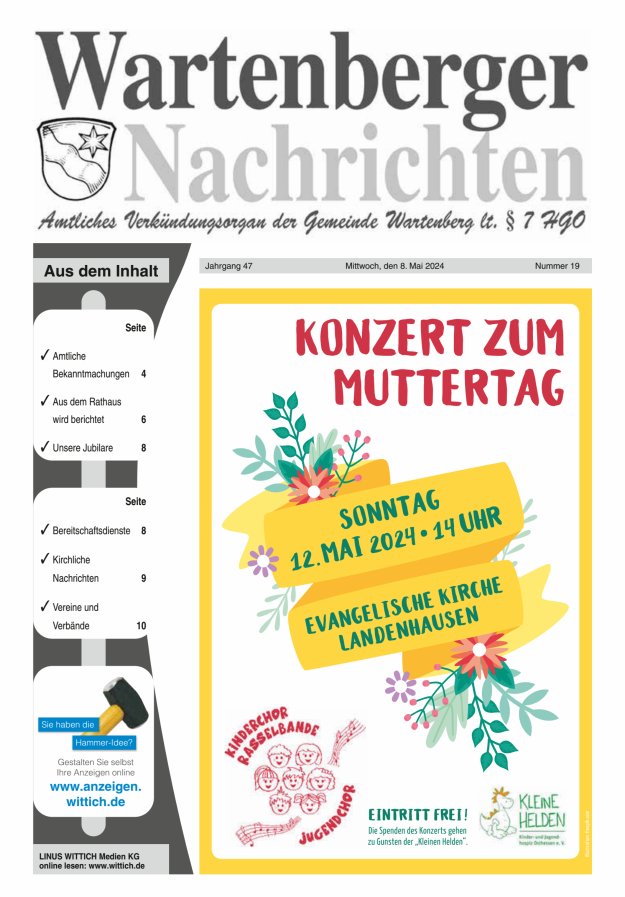 Wartenberger Nachrichten Titelblatt 19/2024