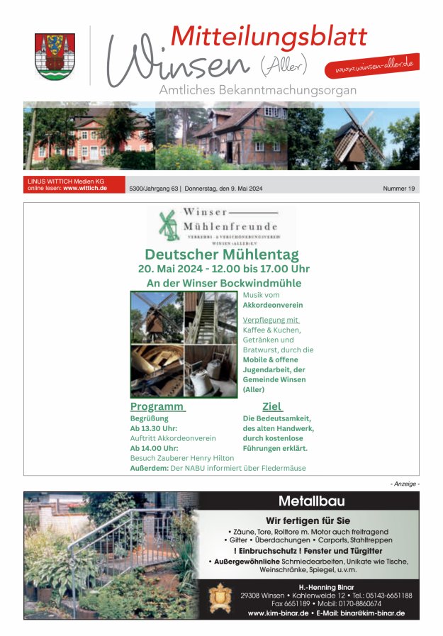 Mitteilungsblatt der Gemeinde Winsen Titelblatt 19/2024
