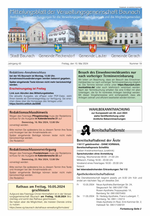 Mitteilungsblatt Verwaltungsgemeinschaft Baunach Titelblatt 19/2024