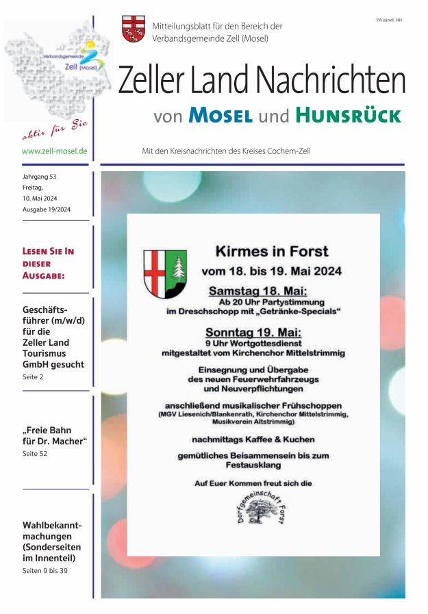 Zeller Land Nachrichten Titelblatt 19/2024
