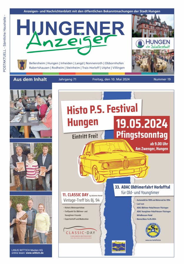 Anzeigen- und Nachrichtenblatt mit den öff  Bekanntmachungen der Stadt Hungen Titelblatt 19/2024