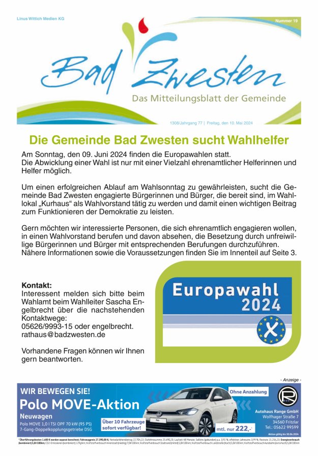 Heimatzeitung Bad Zwesten Titelblatt 19/2024