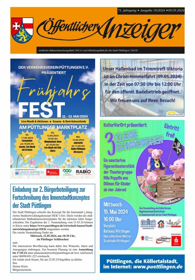 Öffentlicher Anzeiger - Stadt Püttlingen Titelblatt 19/2024