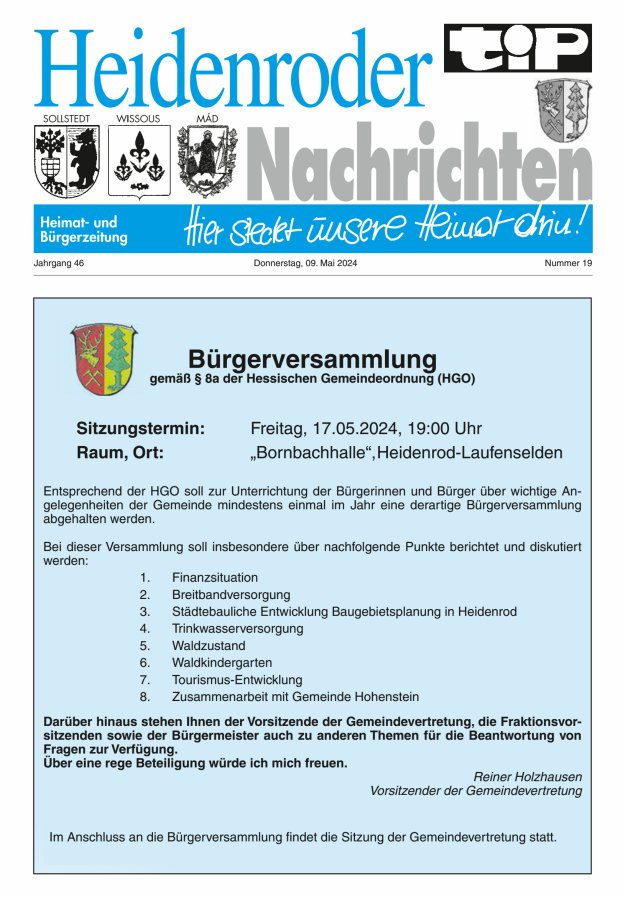 "tip" Heidenroder Nachrichten Titelblatt 19/2024