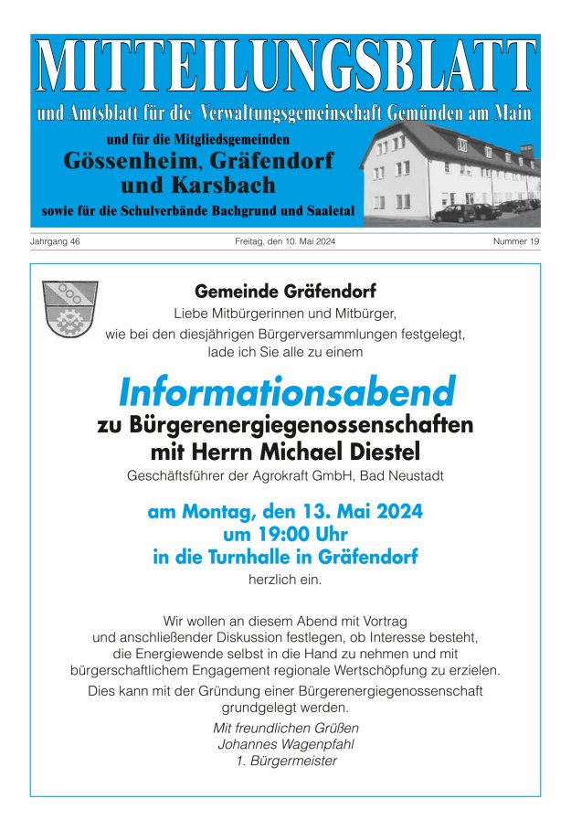 Mitteilungsblatt der VG Gemünden a Main Titelblatt 19/2024