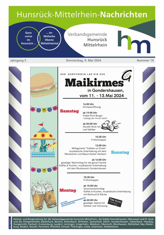 Hunsrück-Mittelrhein Nachrichten Ausgabe St Goar Oberwesel Titelblatt 19/2024